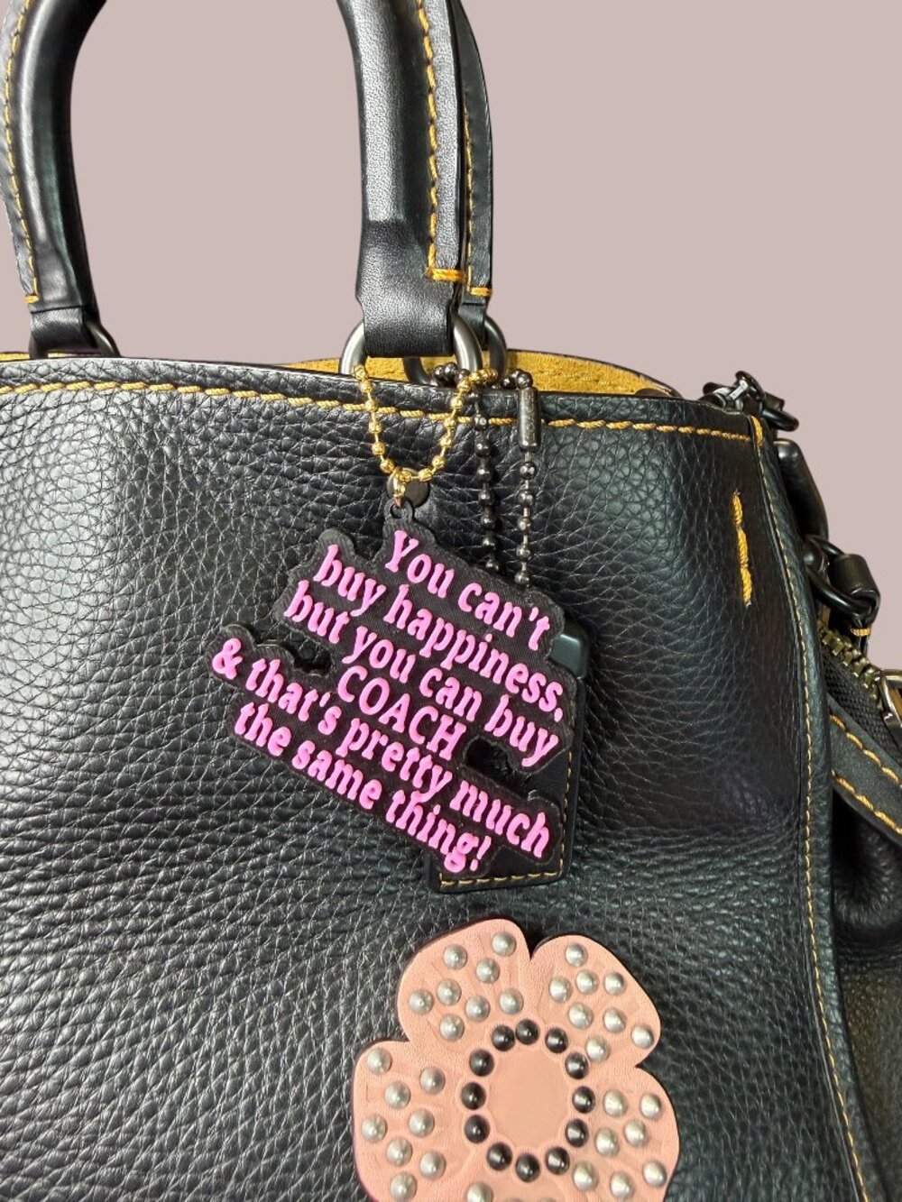 COACH Black Leather Key & Card Holder Charm with Pink Quote Plaque